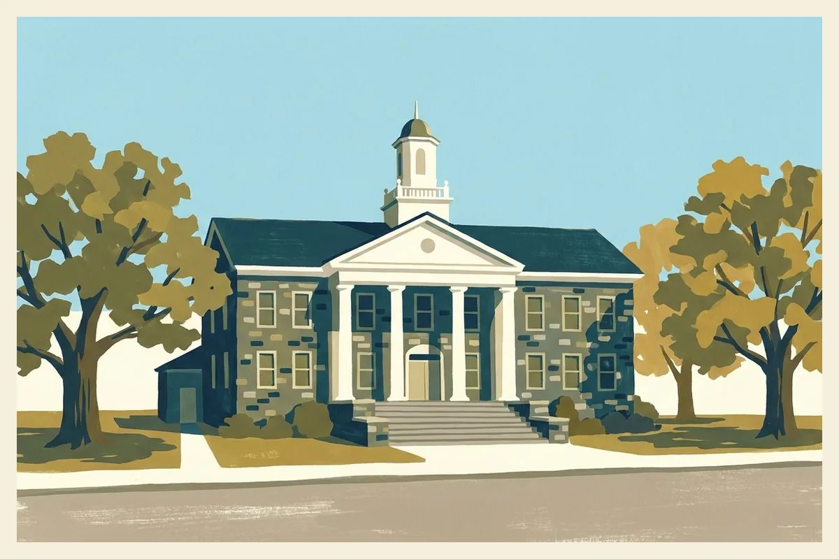 Illustration of a grey fieldstone Georgian county courthouse with a white columned portico