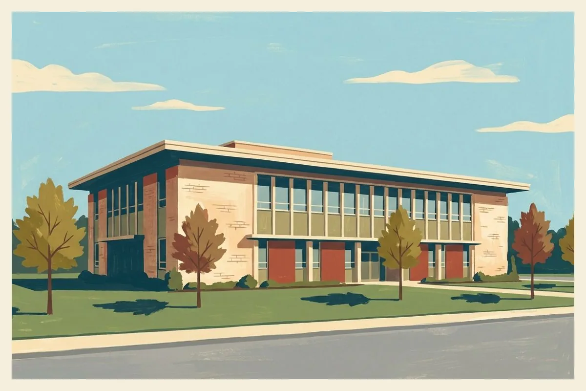 Illustration of a 1960s modern county courthouse of pale brick with a flat roof and a band of tall windows