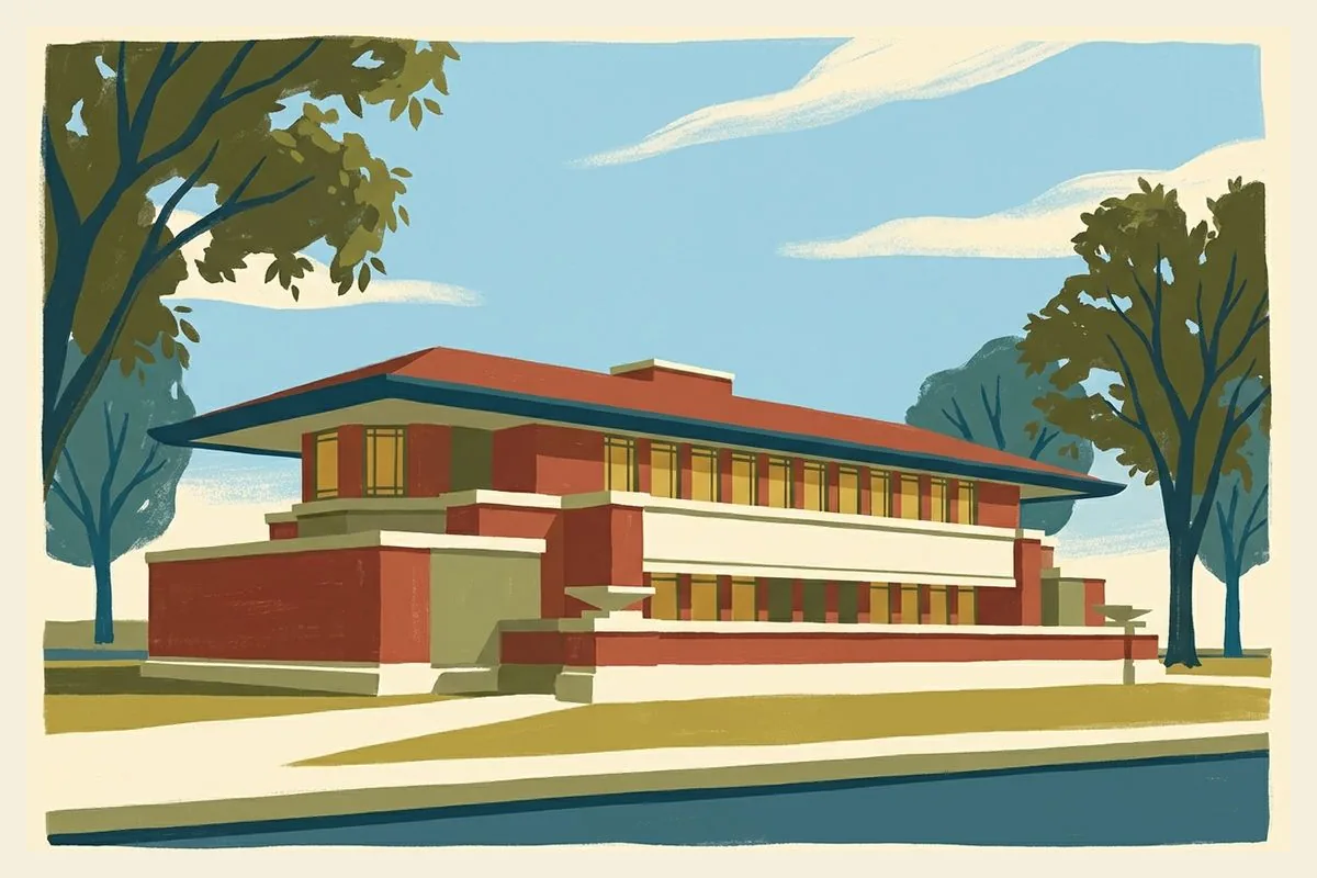 Illustration of a Prairie School county courthouse with long horizontal lines