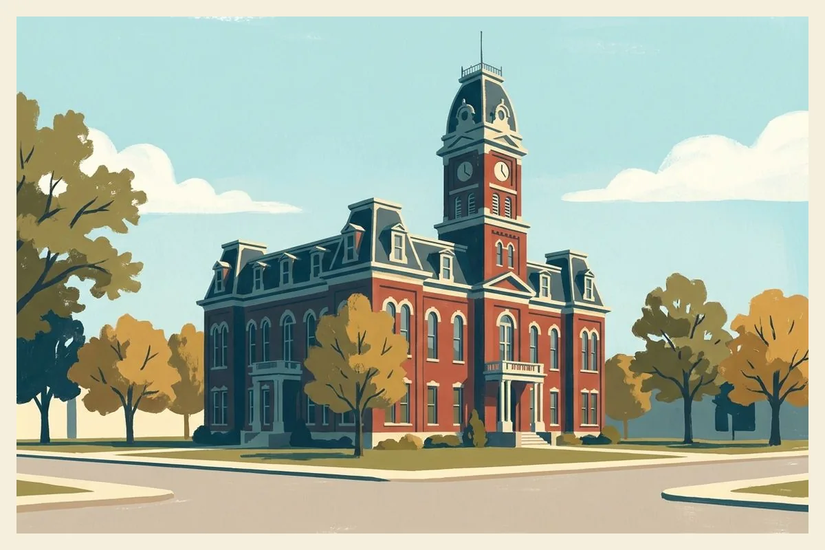 Illustration of a red-brick Second Empire county courthouse with a mansard roof
