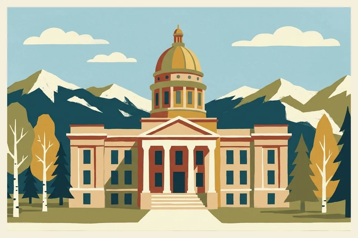 Illustration of a sandstone county courthouse with a gold-and-olive dome on a drum and a columned entrance