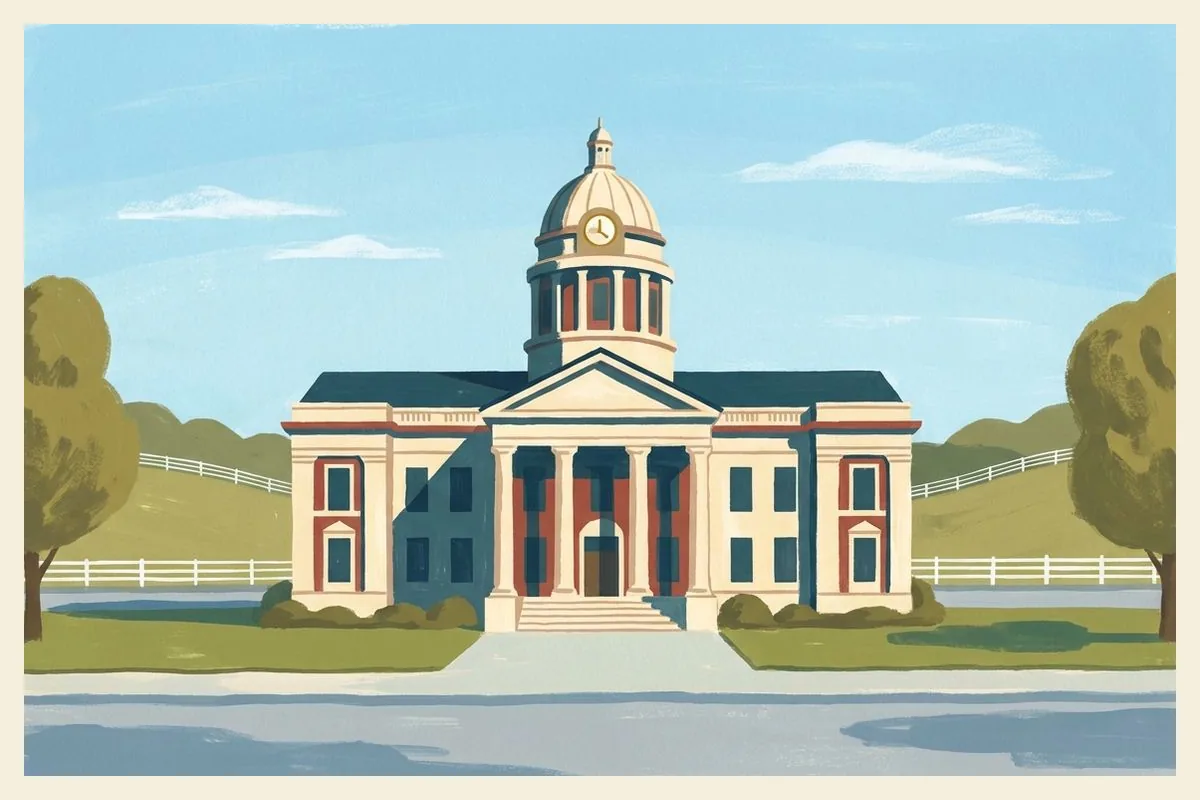 Illustration of a limestone neoclassical county courthouse with a dome on a drum and a clock