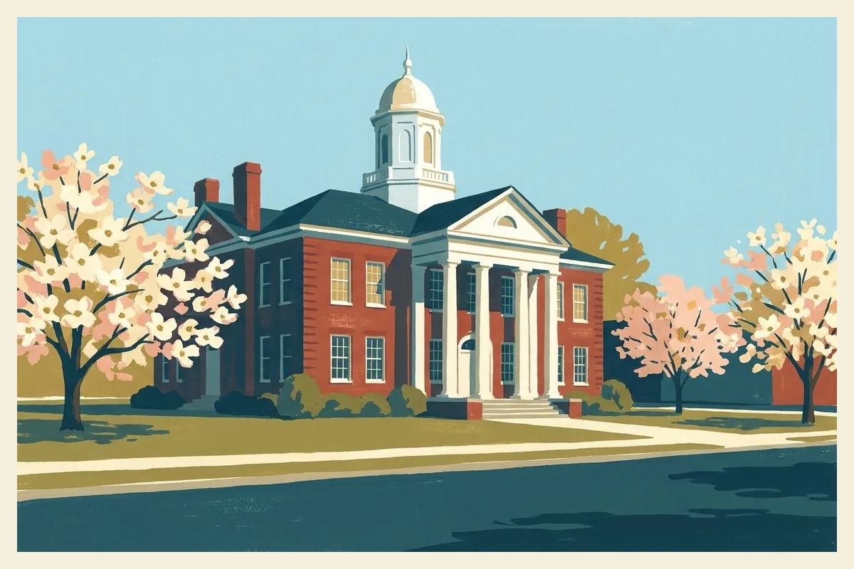 Illustration of a red-brick Colonial Revival county courthouse with tall white columns and a domed white cupola