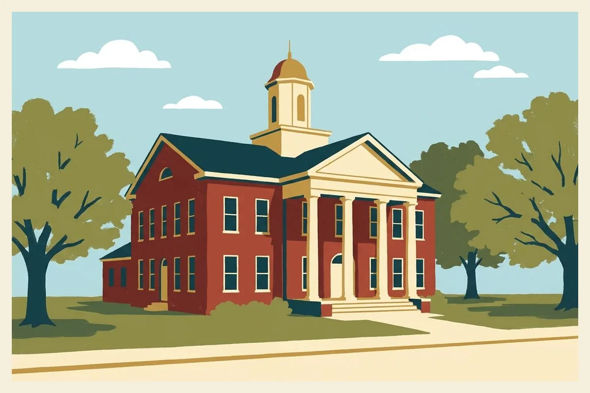 Illustration of a small two-storey Greek Revival brick county courthouse with a white portico and a plain white cupola