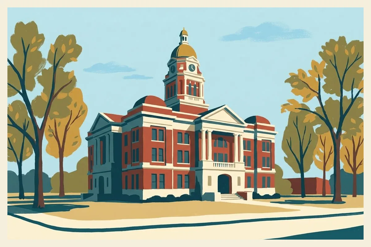 Illustration of a Renaissance Revival county courthouse of red brick and white stone with a tall central clock tower
