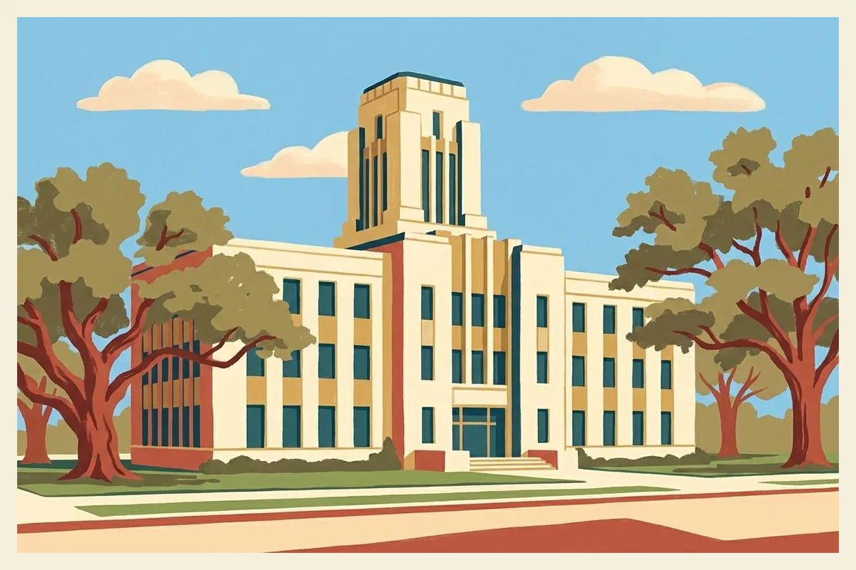 Illustration of a pale limestone Art Deco county courthouse with a stepped central tower and vertical window bands